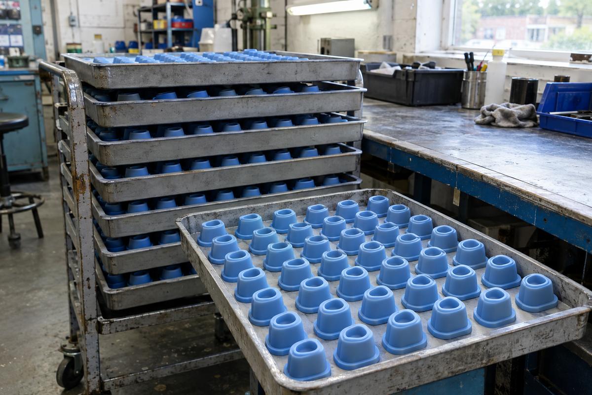 Stacked trays of repeated silicone parts ready for volume supply