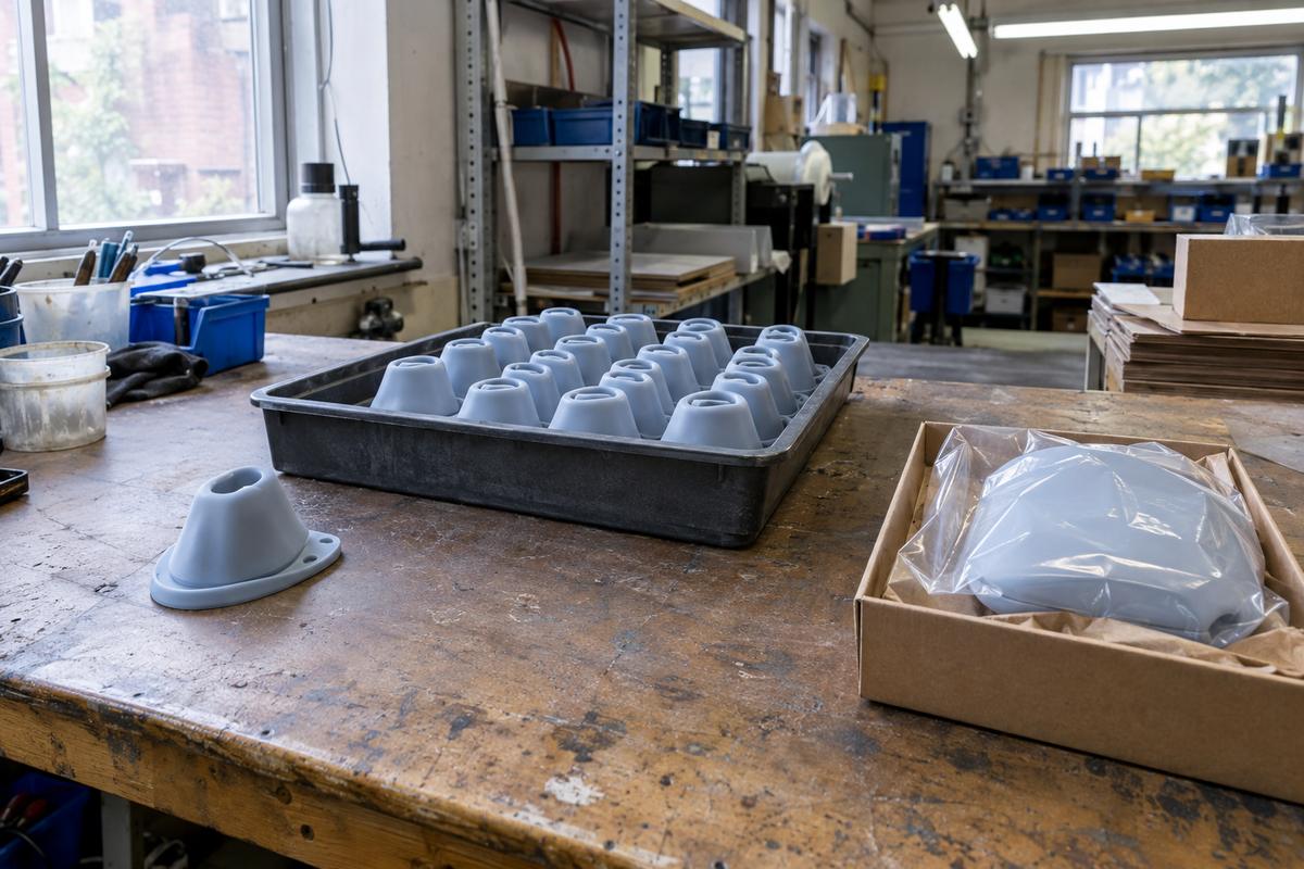 Prototype, repeat production and packed silicone product shown side by side