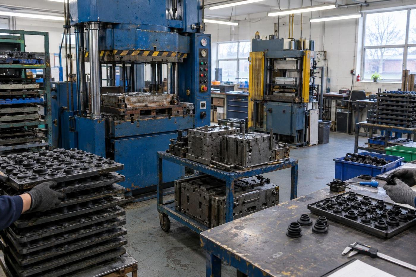 Workshop floor with moulding presses, tooling and trays of silicone parts.